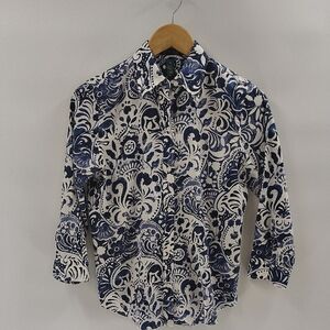 Lauren Ralph Lauren Button Up Top Size XS Blue White Print Quarter Sleeve Cotton